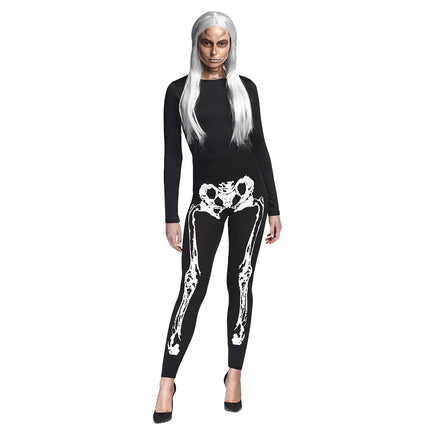 Skelet legging dames gedragen met zwarte top en witte pruik voor Halloween