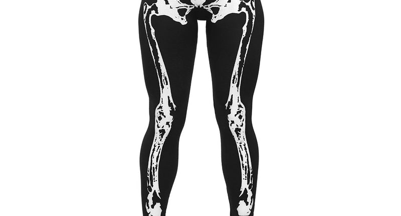 Skelet legging dames in zwart met witte bottenprint van bekken tot enkel, brede tailleband