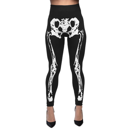 Skelet legging dames in zwart met witte bottenprint van bekken tot enkel, brede tailleband
