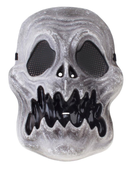 Skelet masker in grijswit met zwarte tandenrij en donkere oogvlakken voor Halloween