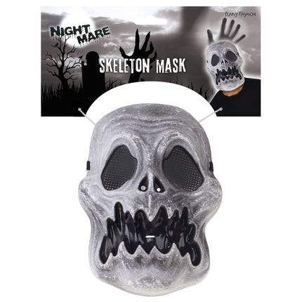 Skelet masker op verpakkingskaart van Funny Fashion met zijkoord en inzet van het masker op een model