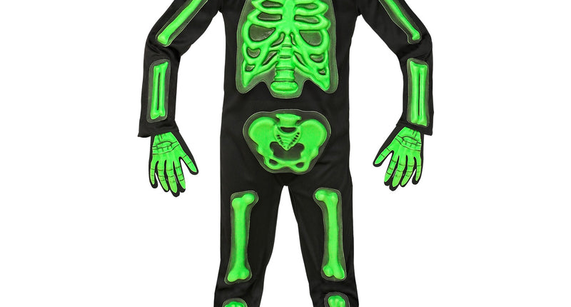 Skelet pak 3D groen kinderen: zwarte jumpsuit met groene botten in reliëf en masker met capuchon