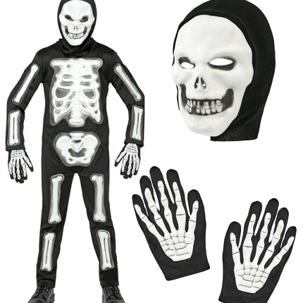 Skelet pak 3D kinderen met los skeletmasker in zwarte capuchon en handschoenen met witte handbotjes