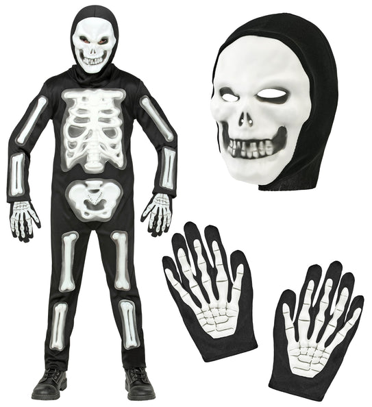Skelet pak 3D kinderen met los skeletmasker in zwarte capuchon en handschoenen met witte handbotjes