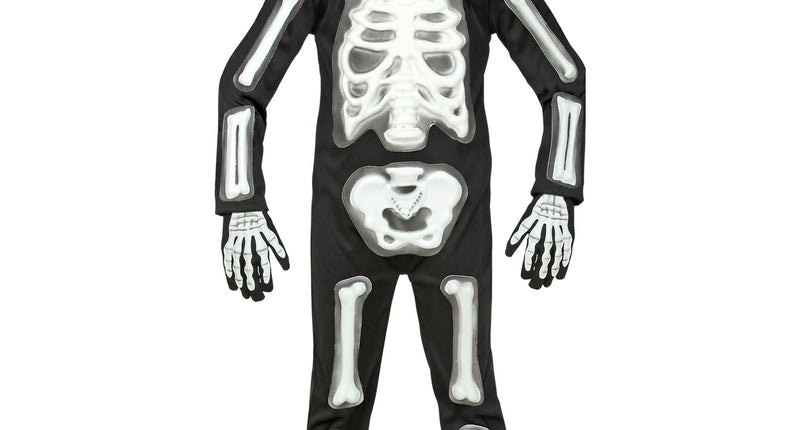 Skelet pak 3D voor kinderen: zwarte jumpsuit met witte 3D-botten en skeletmasker met capuchon voor Halloween