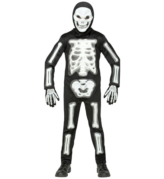 Skelet pak 3D voor kinderen: zwarte jumpsuit met witte 3D-botten en skeletmasker met capuchon voor Halloween