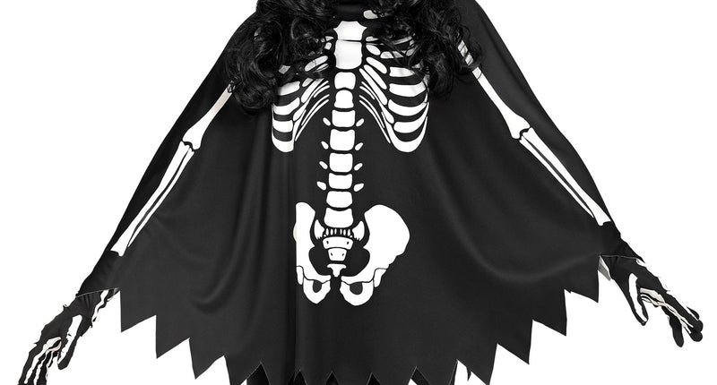 Skelet poncho volwassenen in zwart met witte ribbenkast- en bekkenprint en capuchon voor Halloween