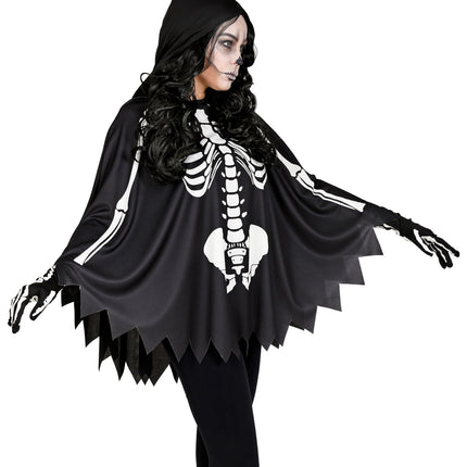 Skelet poncho zijaanzicht met wijd vallende mouwvlakken en witte armbotten op zwart polyester