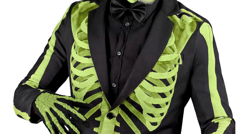Skelethandschoenen met botten in zwart, gedragen bij een skeletkostuum met hoed voor Halloween