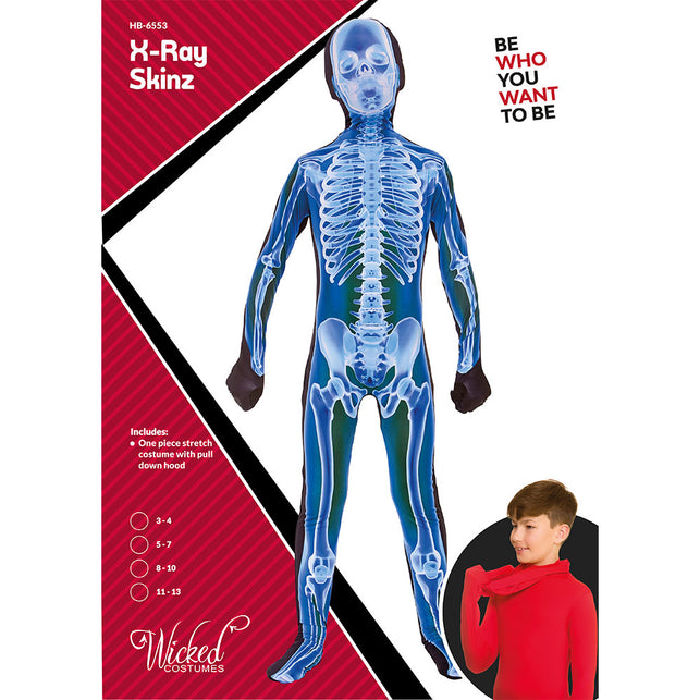 Skeletkostuum met röntgenprint op de verpakking, eendelig pak met neerklapbare hoofdbedekking voor kinderen