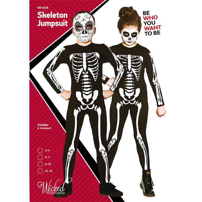 Skeleton geraamte pak als jumpsuit met doorlopende ribbenkast en beenbotten, verpakkingsfoto met maatkeuze voor kinderen