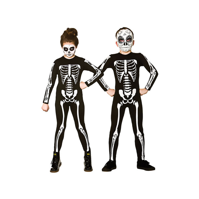 Skeleton geraamte pak zwart met witte bottenopdruk op romp, armen en benen, gedragen door twee kinderen op Halloween