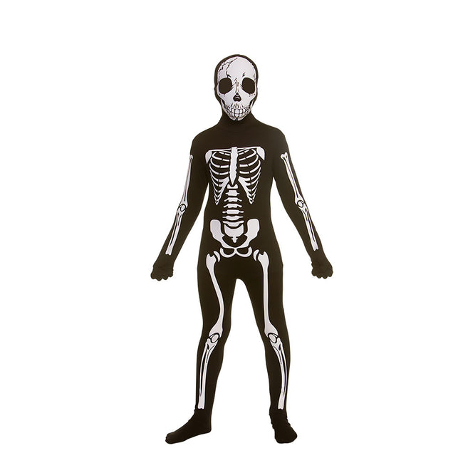 Skeleton second skin kostuum kids, zwart pak met witte botten-opdruk en kap met schedelgezicht voor Halloween