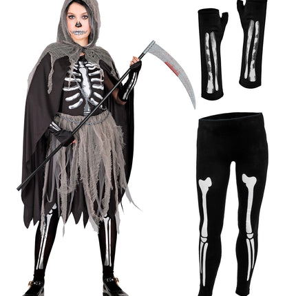 Skelety kinderkostuum met losse panty met botprint en vingerloze handschoenen naast de complete look