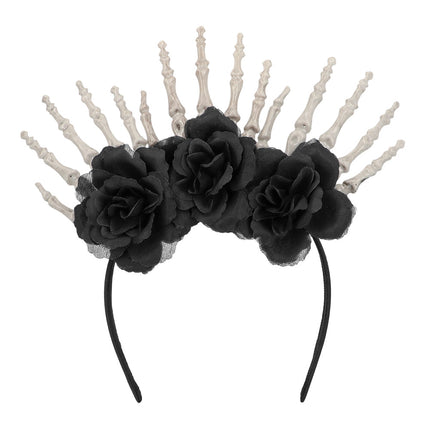 Skelly skeletten diadeem vooraanzicht met zwarte rozen voor een waaier van gebroken witte skelethanden