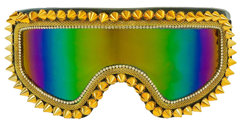 Ski-bril 80's goud Anouk met gouden spikes, strass-rand en spiegelende regenbooglens