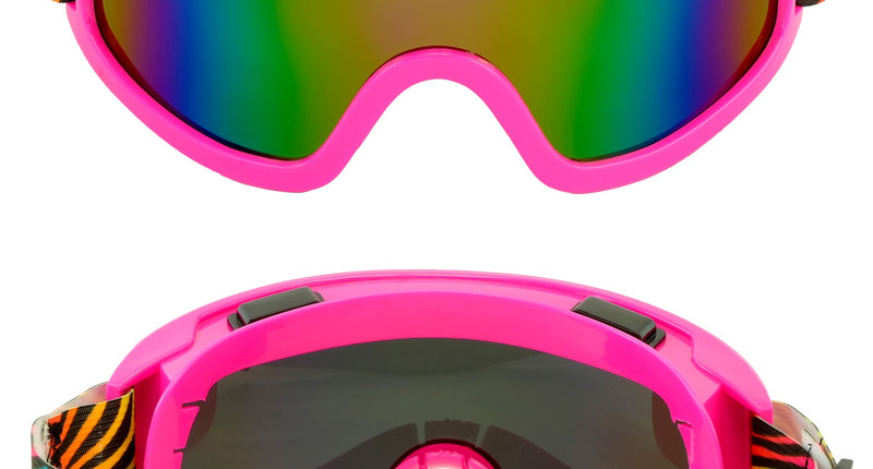Ski-bril 80's roze met regenboog spiegelglas en tijgerprint band, voor- en achterzijde