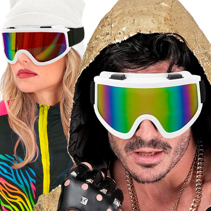 Ski-bril 80's wit Yara gedragen door dame en heer op een jaren 80-feest