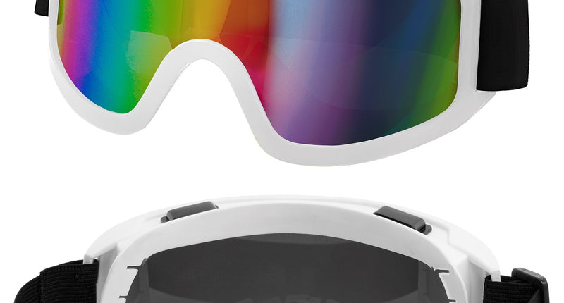 Ski-bril 80's wit Yara met witte rand, regenboog spiegelglas en zwarte elastieken band