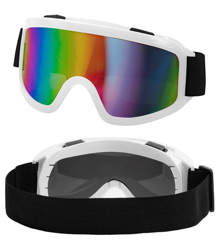 Ski-bril 80's wit Yara met witte rand, regenboog spiegelglas en zwarte elastieken band