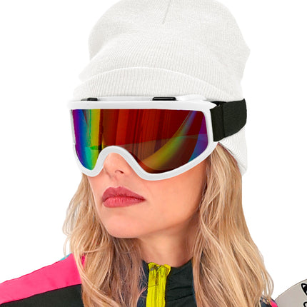 Ski-bril 80's wit Yara zijaanzicht met zwarte band over een witte muts