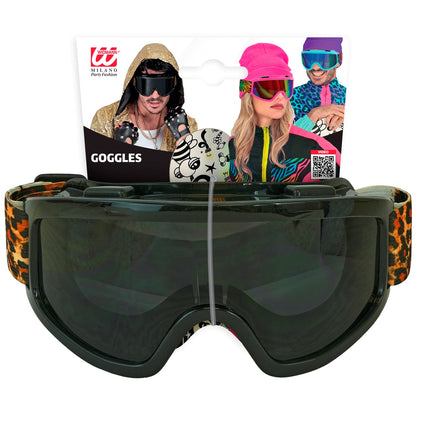Ski-bril 80's zwart luipaardprint Jesse in verpakking van Widmann met donkergetint vizier