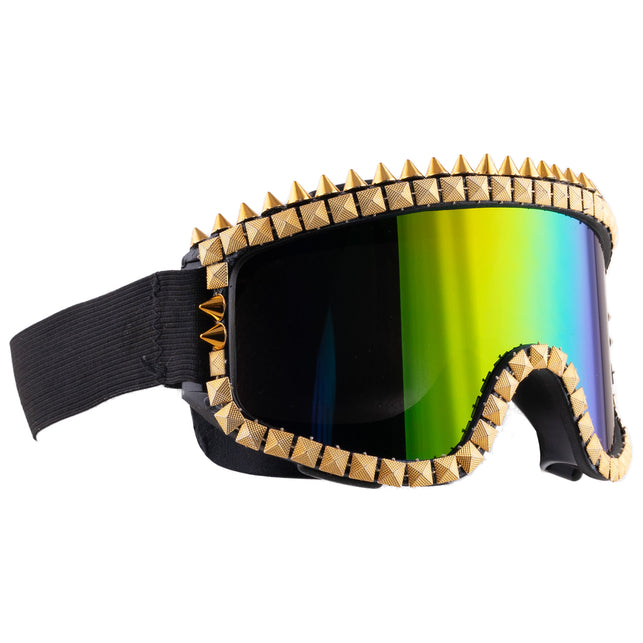Ski bril goud met studs, zijaanzicht met gouden puntjes en zwarte hoofdband