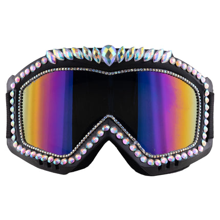 Ski bril met strass steentjes diamant vooraanzicht, zwart montuur met ronde en ovale stenen