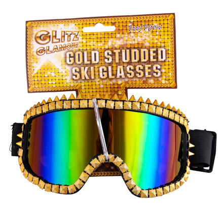 Ski bril met strass steentjes goud op de kaart van Funny Fashion, met regenboogspiegelglazen