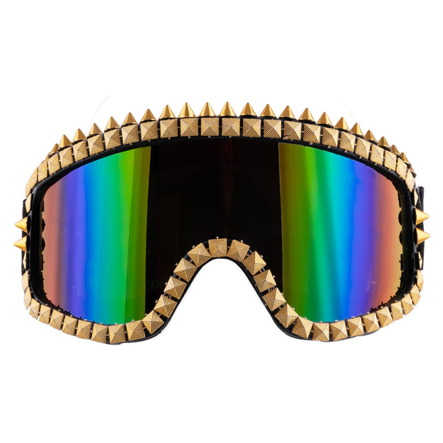 Ski bril met strass steentjes goud, vooraanzicht met vierkante studs en groen-blauw spiegelende glazen