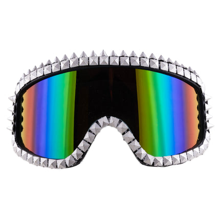Skibril met strass steentjes zilver, vooraanzicht met studs rond zwart montuur en spiegelglas