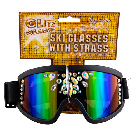 Skibril met strass op verpakkingskaart van Funny Fashion, groen-blauw spiegelend glas