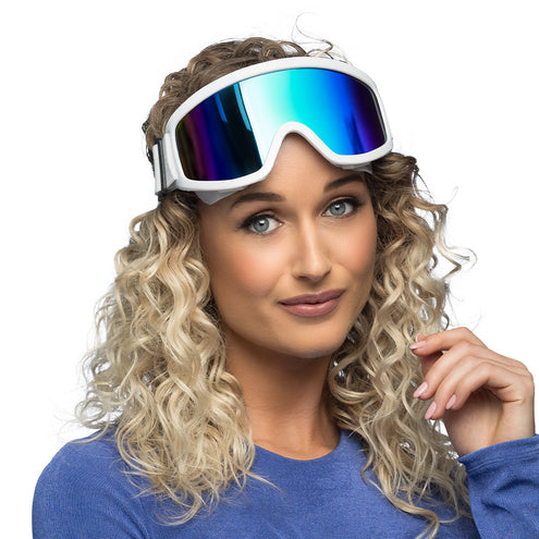 Skibril wit unisex op het voorhoofd gedragen, wit montuur met blauw spiegelend glas voor een après-skifeest