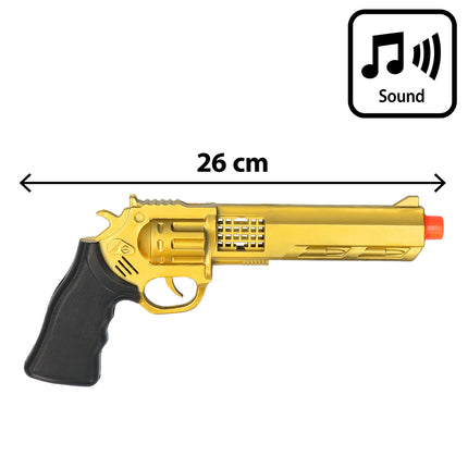 Speelgoedpistool Golden viper zijaanzicht met lengte van 26 cm en geluidseffect