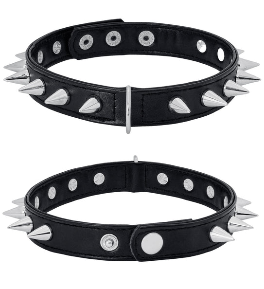 Spikes choker zwart met zilverkleurige punten, drukknoopsluiting en metalen ring