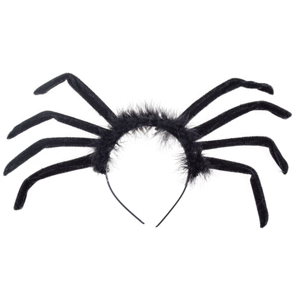 Spin diadeem met acht lange zwarte velourspoten en pluizige krans voor Halloween