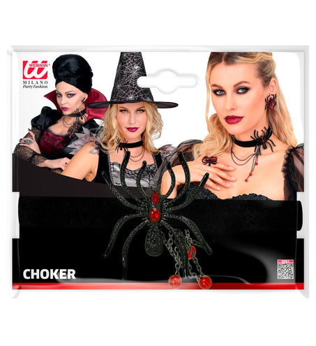 Spinnen choker in verpakking, zwarte halsband met glanzende spin voor Halloween