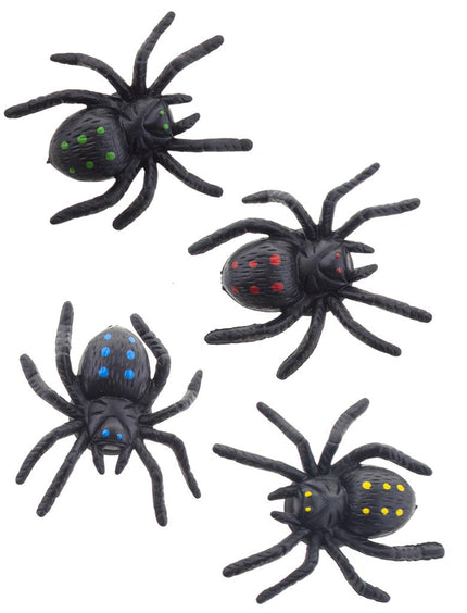 Spinnen set voor Halloween met vier zwarte spinnen van 6 cm met groene, rode, blauwe en gele stippen