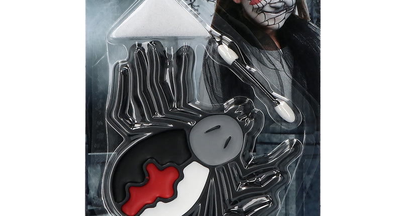 Spinnenkind schminkset in spinvorm met zwarte, rode en witte vetschmink, spons en applicator voor Halloween