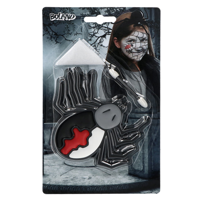 Spinnenkind schminkset in spinvorm met zwarte, rode en witte vetschmink, spons en applicator voor Halloween