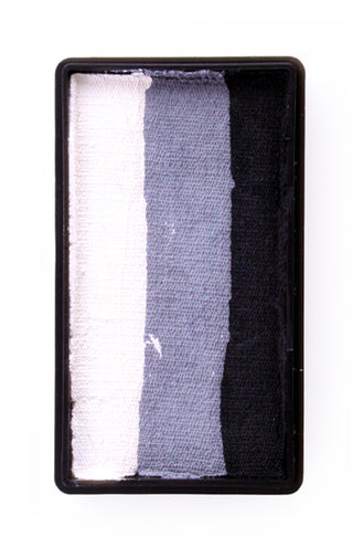 Splitcake zwart-grijs-wit 28 gram met witte, grijze en zwarte baan in zwart kunststof bakje