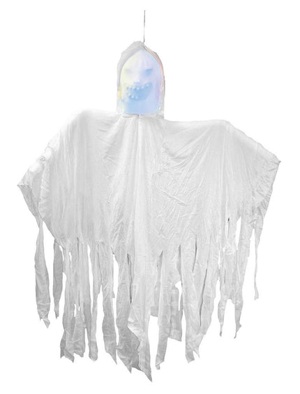 Spook hangdecoratie wit 120 cm met gefranjerd gewaad en grijnzende tandenmond voor Halloween