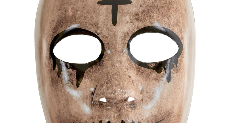 Spook masker in bruin-beige met zwart kruis op het voorhoofd en punttanden, voor Halloween