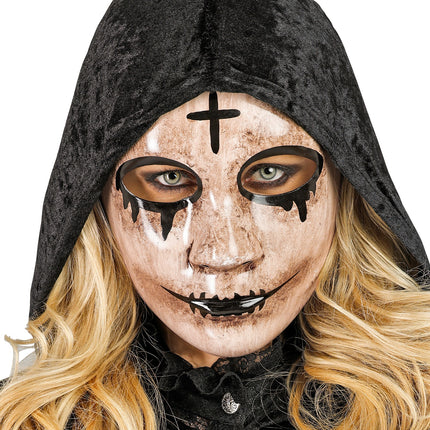 Spook masker op dame met zwarte fluwelen capuchon en blonde krullen