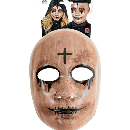 Spook masker in verpakking van Widmann, met zichtbaar koord tussen de oogopeningen