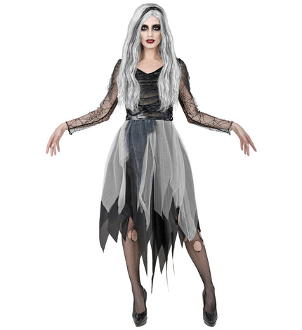 Spookachtig geest kostuum dames in grijs en zwart met gerafelde tulen rok voor Halloween