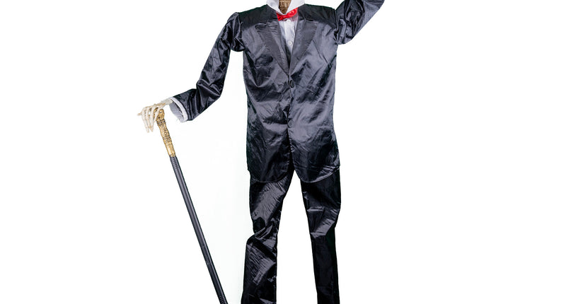 Staand skelet in zwart kostuum met hoge hoed, rode vlinderdas en wandelstok, 160 cm halloweendecoratie