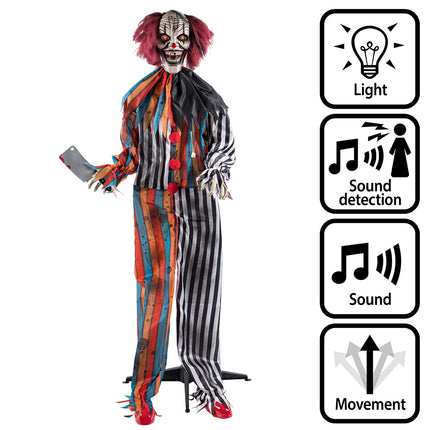 Staande decoratie Clown Butcher met hakmes en oranje lichtgevende ogen, halloweendecoratie met licht, geluid en beweging