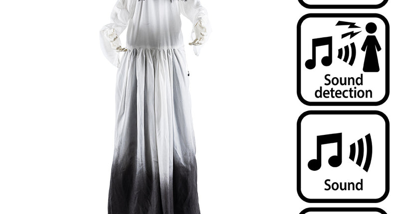 Staande decoratie Ghost widow pop-up met rode ledogen en wit-zwarte jurk voor Halloween