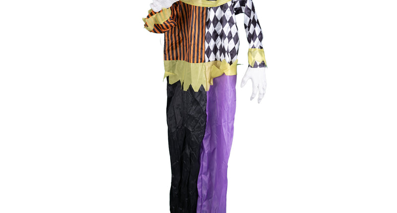 Staande horrorclown 160 cm met roze haar, gele kraag en harlekijnprint als halloweendecoratie